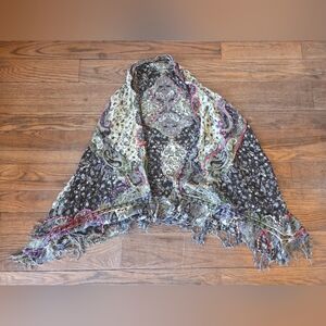 Embroidered Paisley Fringe Shawl - Black, Cream, Multicolor